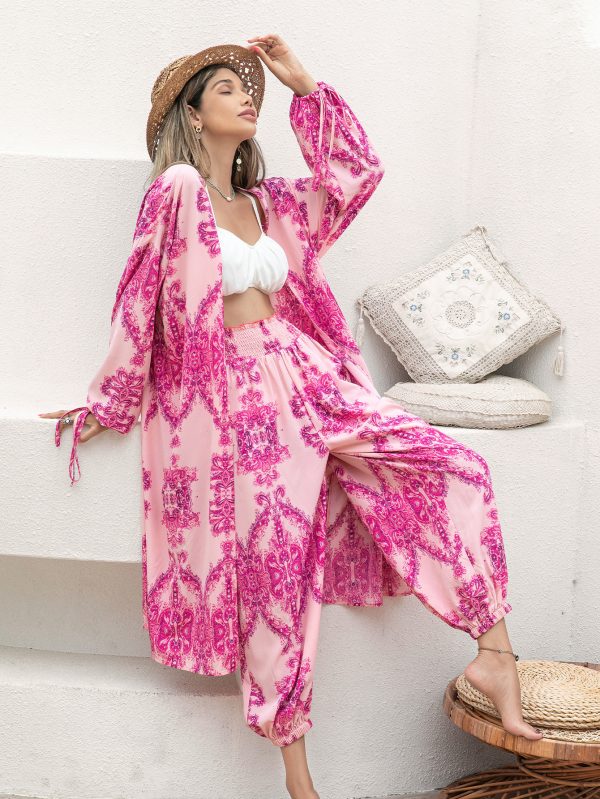 Rose Red Polyester Shawl Shirt and Kimono Pants Suit