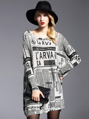Loose Pullover Newspaper Print Mid-Length Knitwear