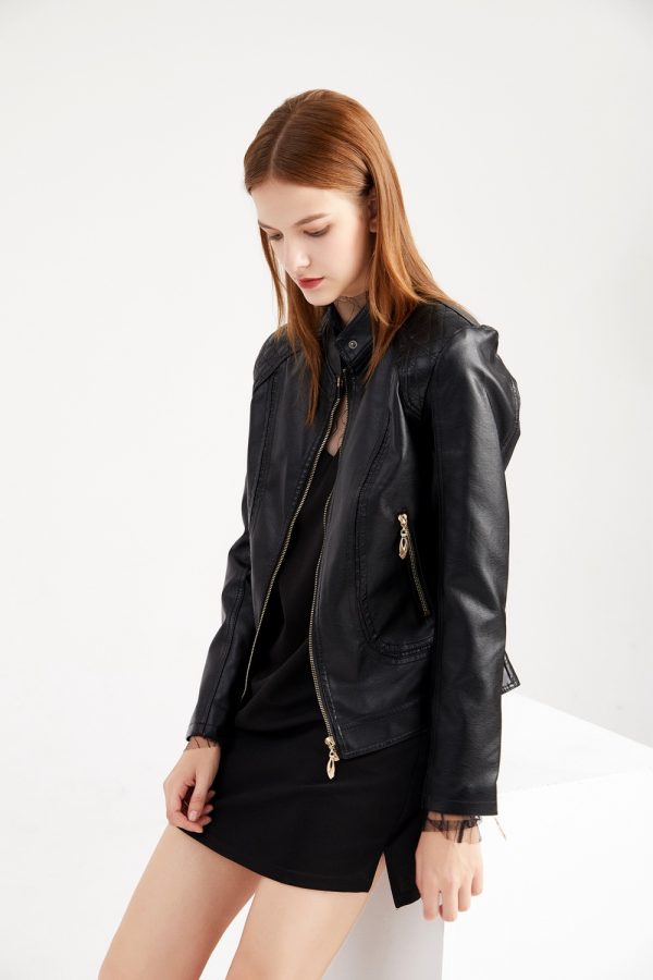 Stand Collar Faux Leather Jacket for Women