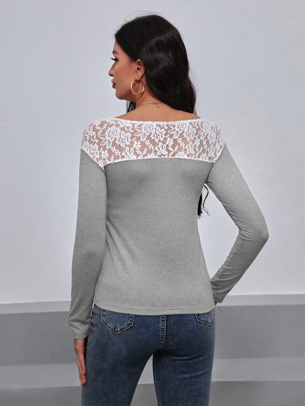 Lace Patchwork Round Neck Long Sleeved T Shirt