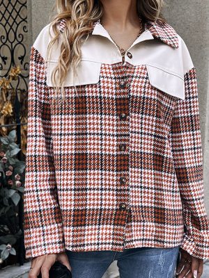 Plaid Single-Breasted Jacket Coat with Leather Stitching