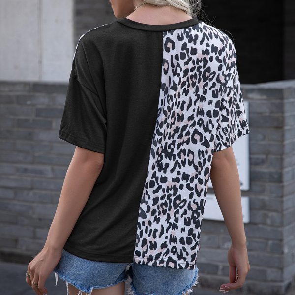 Tops Leopard Print Stitching round Neck Short-Sleeved T-shirt