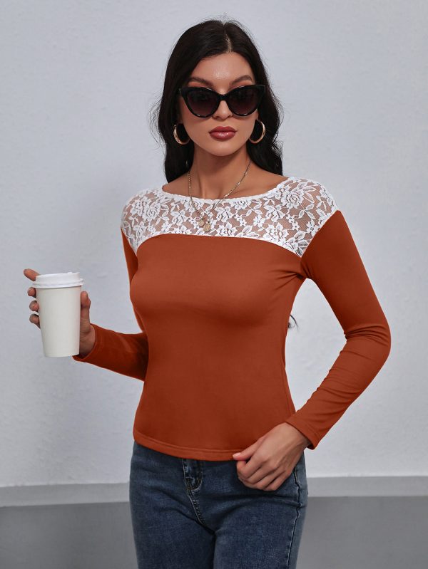 Lace Patchwork Round Neck Long Sleeved T Shirt