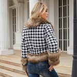 Women's Detachable Fur Collar Houndstooth Coat