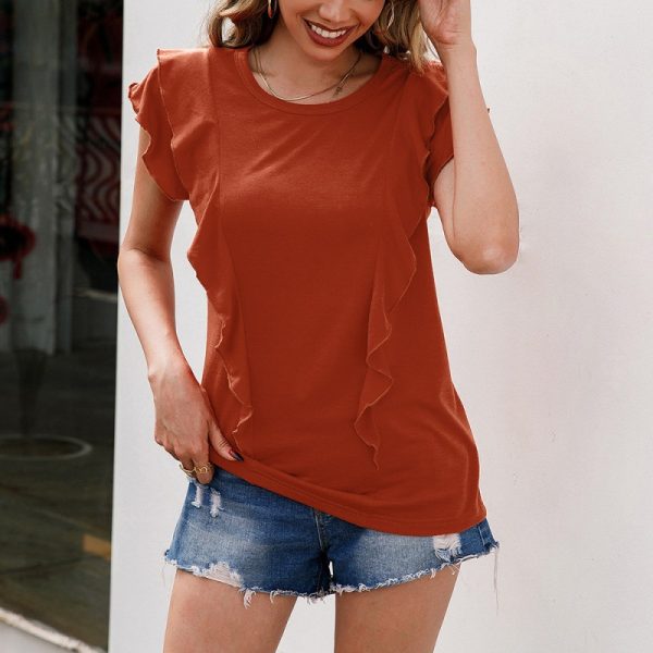 Loose Fitting Round Neck Ruffled Short Sleeve T-shirt for Women