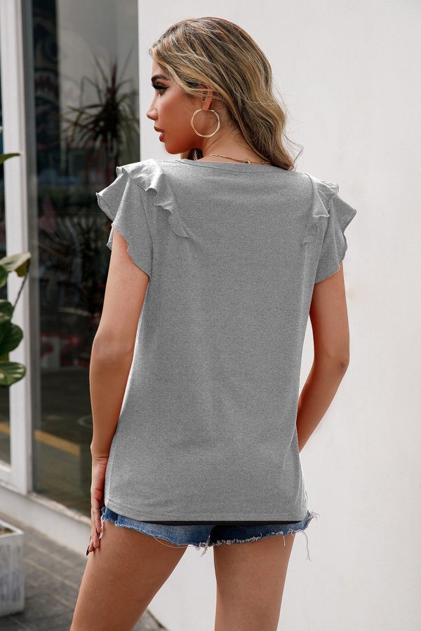 Loose Fitting Round Neck Ruffled Short Sleeve T-shirt for Women