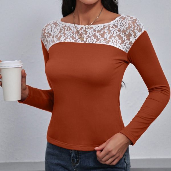 Lace Patchwork Round Neck Long Sleeved T Shirt