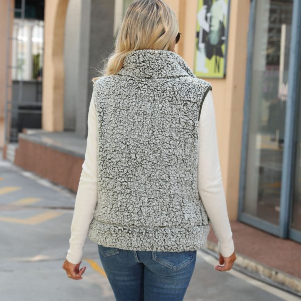 Casual Round Neck Zipper Bubble Velvet Vest Jacket