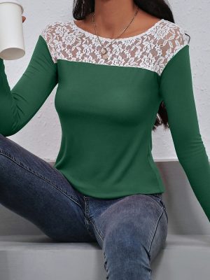 Lace Patchwork Round Neck Long Sleeved T Shirt