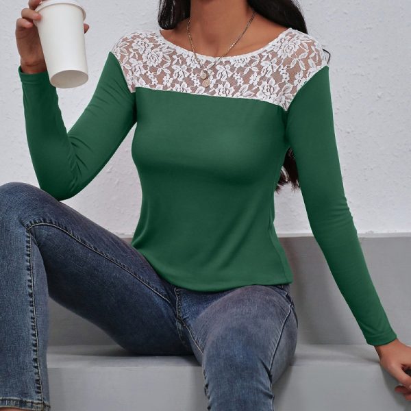 Lace Patchwork Round Neck Long Sleeved T Shirt