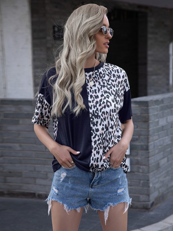 Tops Leopard Print Stitching round Neck Short-Sleeved T-shirt