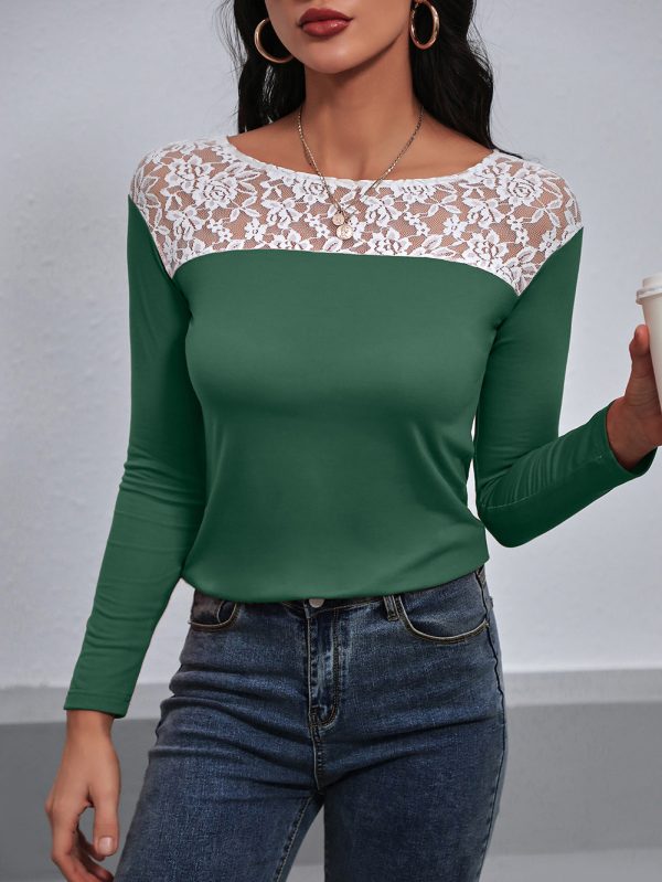 Lace Patchwork Round Neck Long Sleeved T Shirt