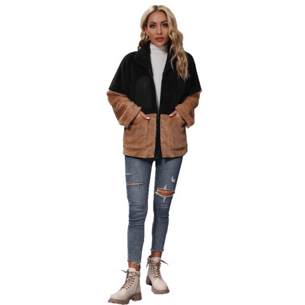 Women's Collared Color-Matching Zipper Plush Casual Jacket