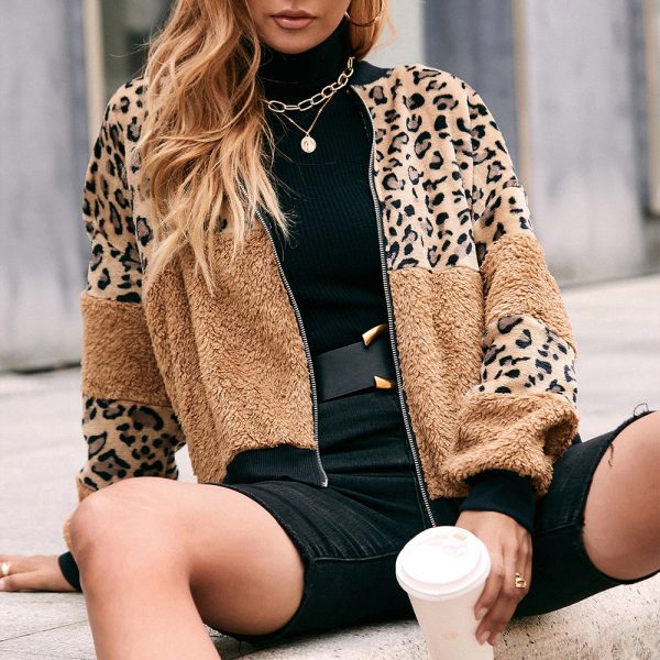 Leopard Print Stud Stitching Plush Zipper Jacket