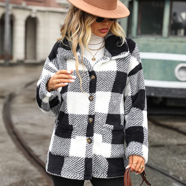 Collared Plaid Single-Breasted Plush Jacket for Autumn/Winter