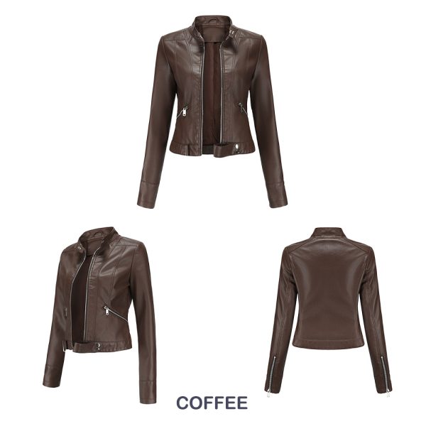 Short Leather Jacket for Women with Stand Collar