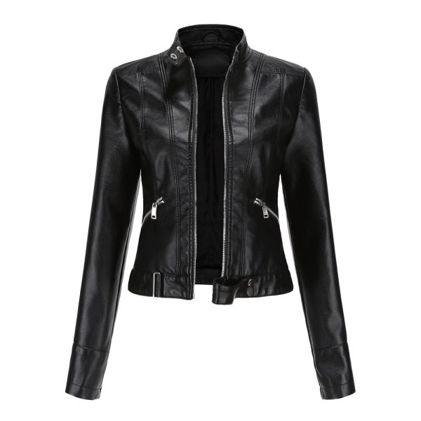 Short Leather Jacket for Women with Stand Collar