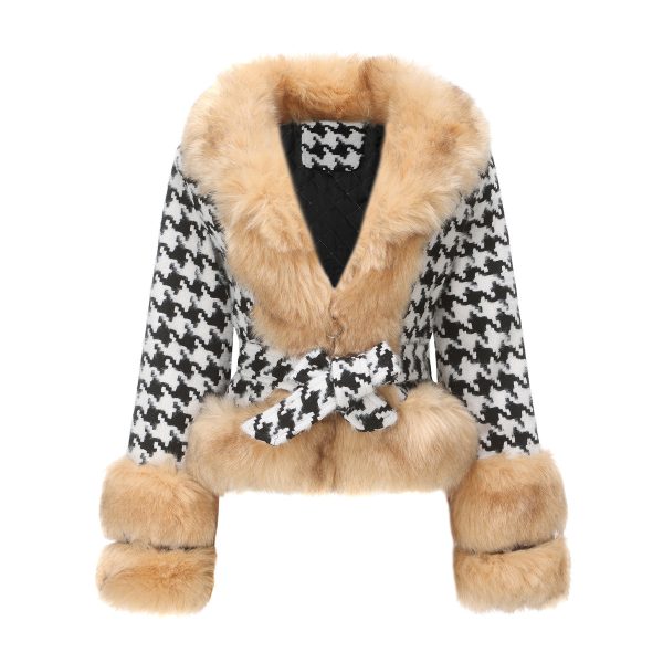 Women's Detachable Fur Collar Houndstooth Coat