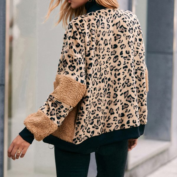 Leopard Print Stud Stitching Plush Zipper Jacket