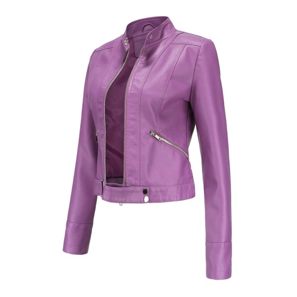 Short Leather Jacket for Women with Stand Collar