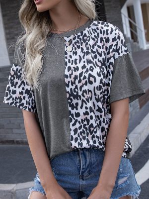 Tops Leopard Print Stitching round Neck Short-Sleeved T-shirt