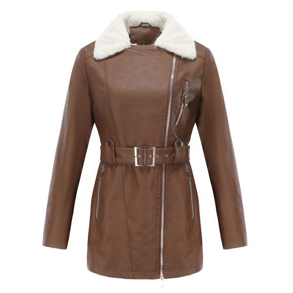 Fleece-Lined Leather Jacket with Belt for Autumn/Winter