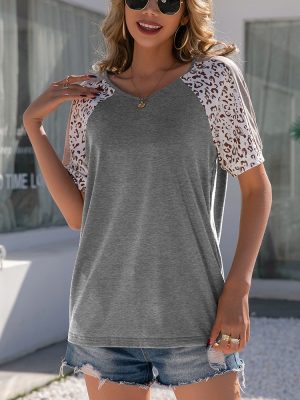 Leopard Print V Neck Raglan Sleeve T-Shirt for Women