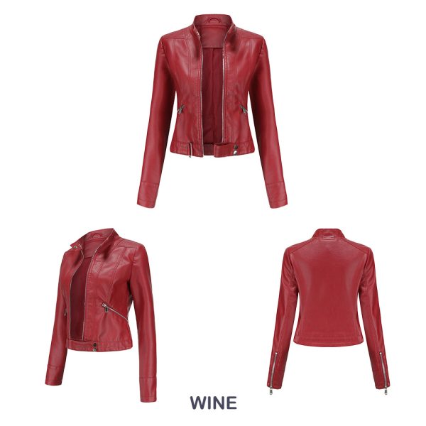 Short Leather Jacket for Women with Stand Collar