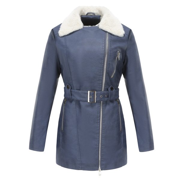 Fleece-Lined Leather Jacket with Belt for Autumn/Winter