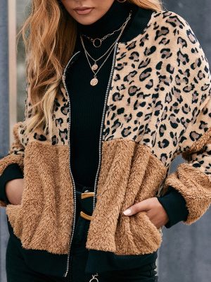 Leopard Print Stud Stitching Plush Zipper Jacket