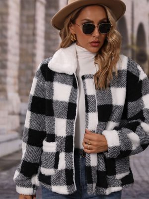 Fall Women's Collared Zip Plaid Plush Casual Jacket