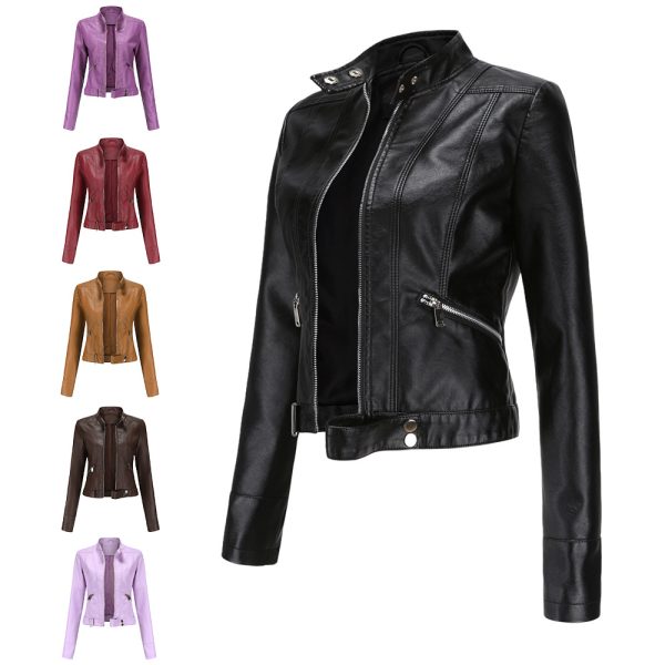 Short Leather Jacket for Women with Stand Collar