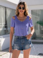 Casual Round Neck Off-Shoulder T-Shirt with Decorative Buckle for Women