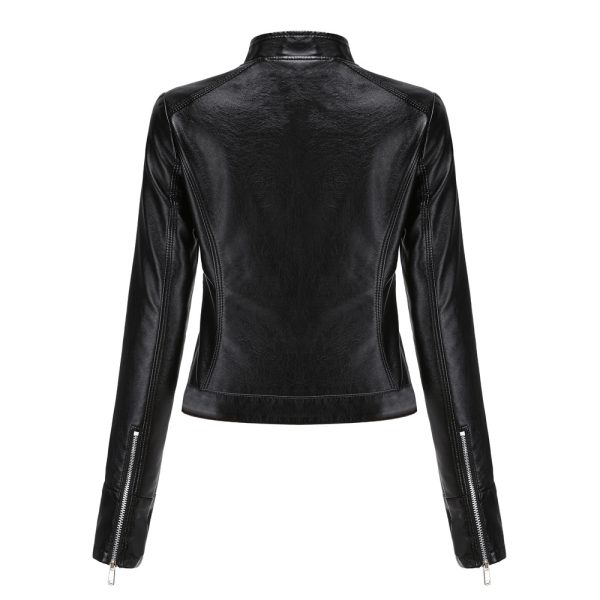 Short Leather Jacket for Women with Stand Collar