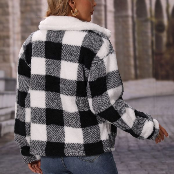 Fall Women's Collared Zip Plaid Plush Casual Jacket