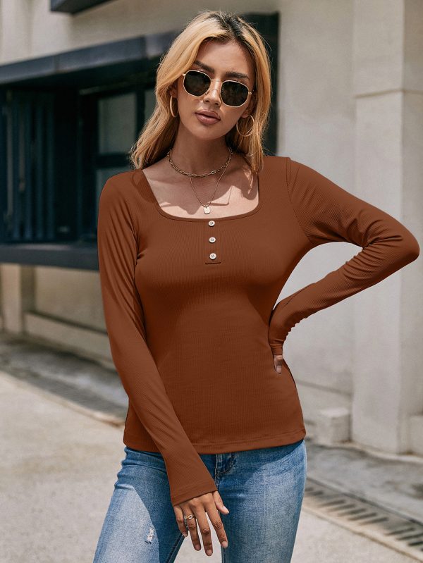 Square Collar Slim Long Sleeve Striped Bottoming T-Shirt