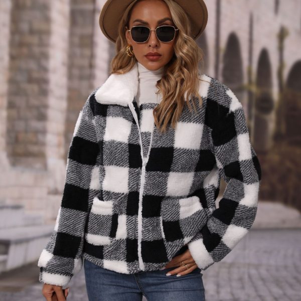 Fall Women's Collared Zip Plaid Plush Casual Jacket