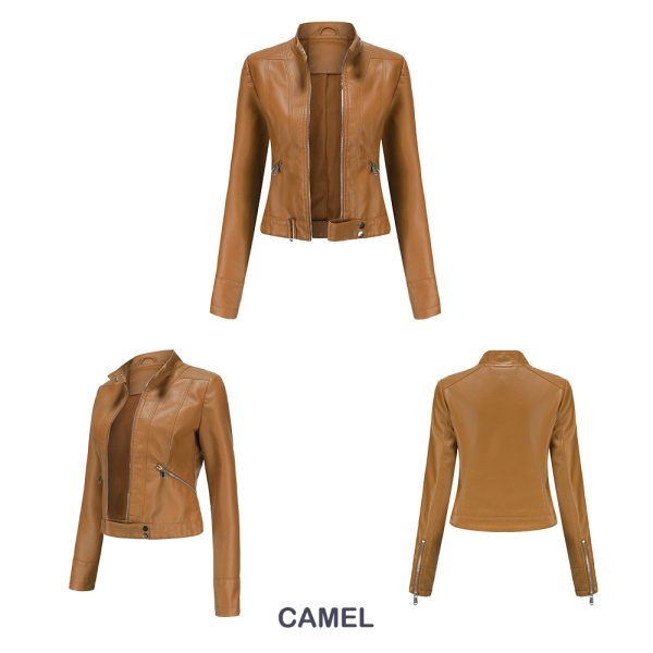 Short Leather Jacket for Women with Stand Collar