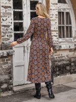 Printed Knitted Long Sleeve Tied Split Dress