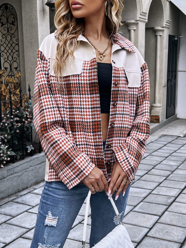 Plaid Single-Breasted Jacket Coat with Leather Stitching