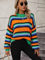 Autumn Winter Stitching Loose Round Neck Striped Sweater