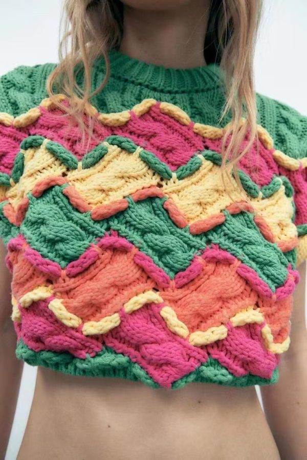 Crocheted Effect Short Knitted Sweater Vest Jacket