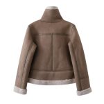 Stylish Lamb-Trimmed Long Sleeve Jacket for Women with Zipper Pocket
