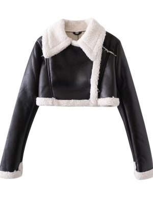 French Short Black Leather Jacket with White Fur Trim