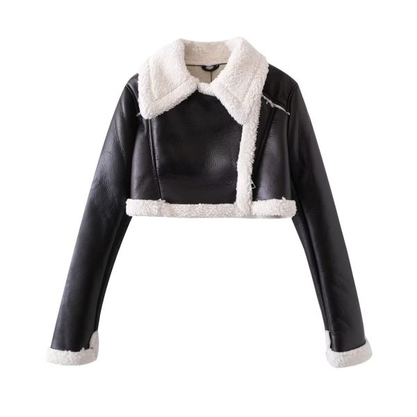 French Short Black Leather Jacket with White Fur Trim