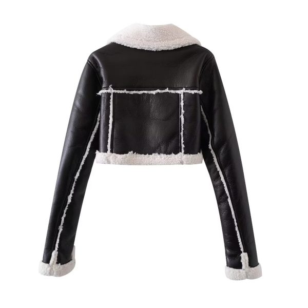 French Short Black Leather Jacket with White Fur Trim