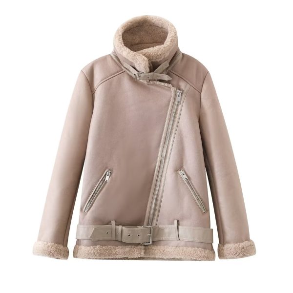 Explosion Board Faux Shearling Motorcycle Jacket for Women