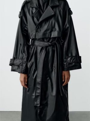 Black Faux Leather Trench - Spring/Autumn Elegance