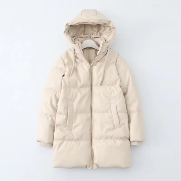 Hooded Faux Leather Mid-Length Jacket Cold-Proof Coat