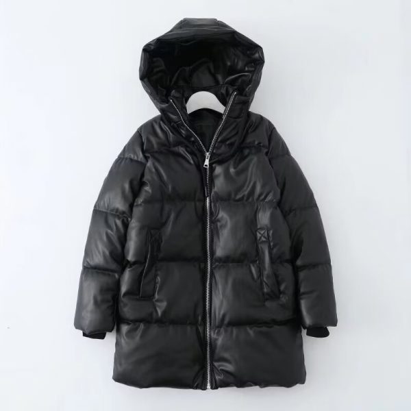 Hooded Faux Leather Mid-Length Jacket Cold-Proof Coat